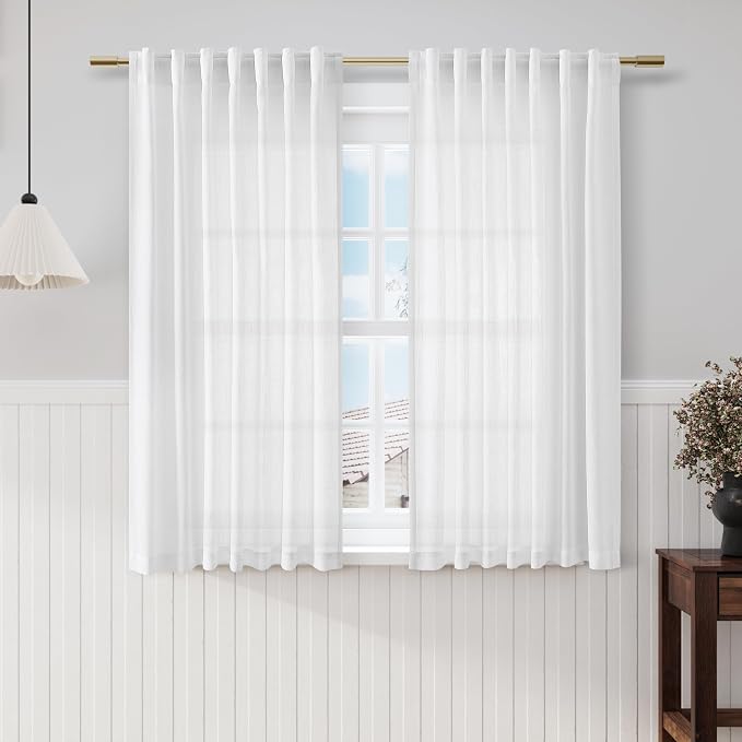 Nanspring White Linen Back Tab Rod Pocket Curtains 52 Inch Length by Nanspring