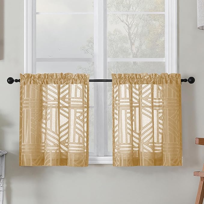 Simplebrand Sheer Gold Kitchen Curtains 24 Inch Length Tier Curtains 2 Panels by Simplebrand