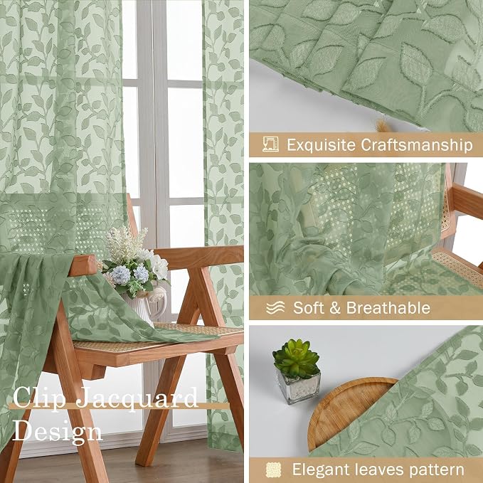 Chyhomenyc Sage Green Sheer Curtains 90 Inch Length 2 Panels Set, Light - Image 7