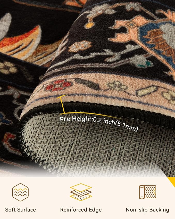 Area Rugs 7ft Washable Non-Slip, Floral Vintage Distress Print Pattern - Image 4