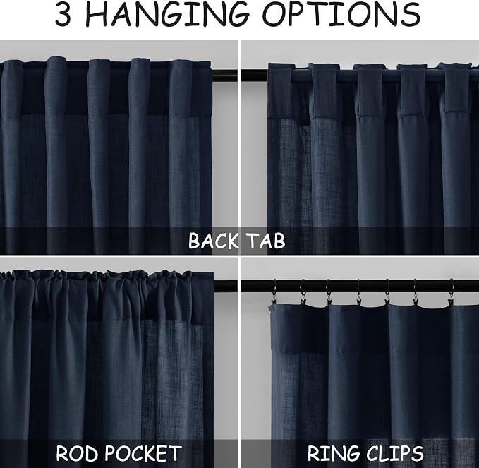 Nanspring Navy Blue Linen Curtains 63 Inches Length 2 Panels Set - Image 3