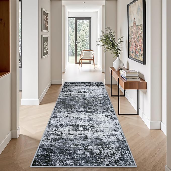 2.6'x8' Runner Rug Washable Rug;Modern Abstract Soft Thin Runner Rug Black - Image 3