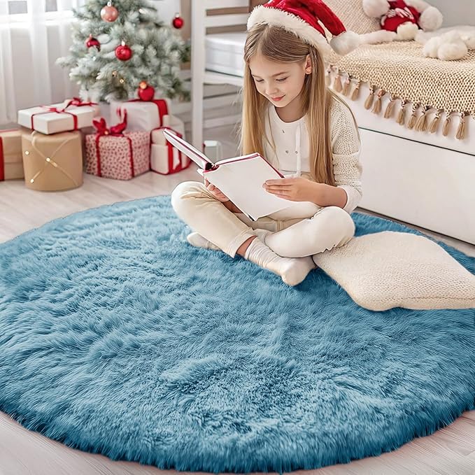 OLANLY Slate Blue Round Rugs for Bedroom by OLANLY