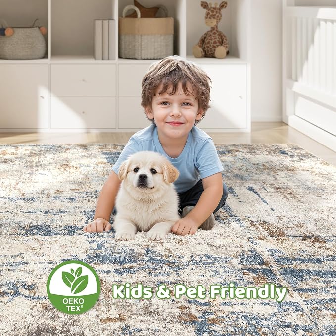 LOONGRUG 5x8 Area Rug Washable Neutral Modern Living Room Rugs Blue Tan | - Image 7