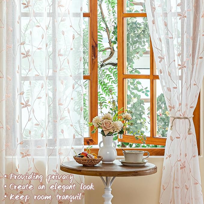 AmHoo 2 Panels Embroidered Leaf Pattern Semi Sheer Curtains Foliage Floral - Image 6