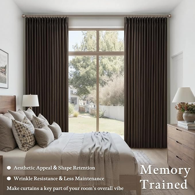 102 Inch Pinch Pleat Linen Dark Brown Semi Sheer Modern Curtains 2 Panels | 102 - Image 4