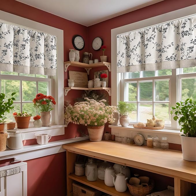 jinchan Linen Kitchen Valance for Windows 16 Inch Floral Double Layer Valance - Image 2