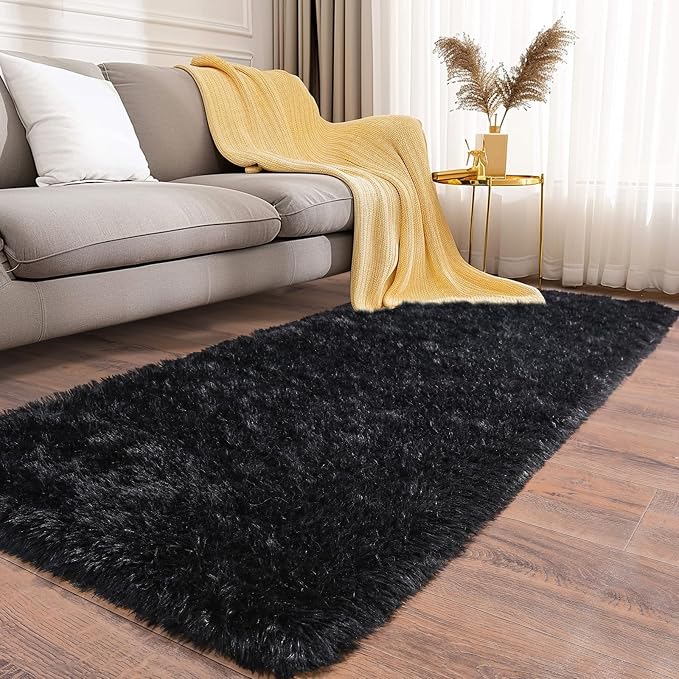 Soft Runner Rugs for Bedroom Hallways, 2x6 Black Fluffy Shag Throw Area Rug Non - Image 3