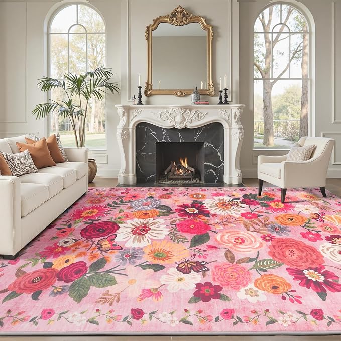 Floral Washable 6x9 Area Rugs Pink, Soft Bedroom Rug - Image 7