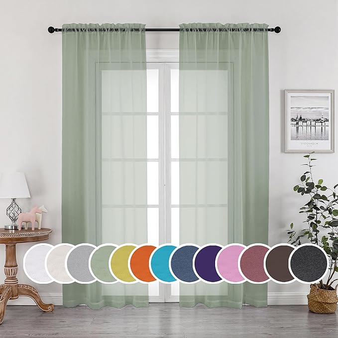 OWENIE Sage Green Sheer Curtains 96 Inches Long 2 Panels Set, Elegant Sheer by OWENIE