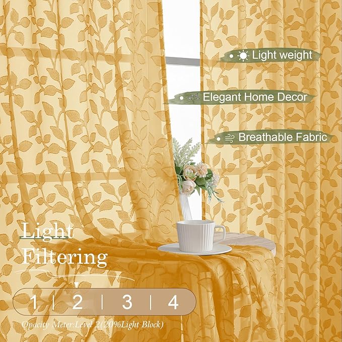 Chyhomenyc Gold Sheer Curtains 24 Inch Length, Light Filtering Leaf Tufted - Image 2