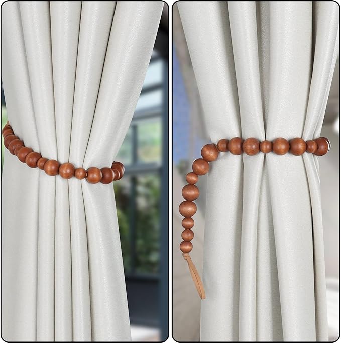 OCIOLI 2 Pieces Curtain Tieback Wood Bead Curtain Tiebacks Curtain Holdbacks - Image 2
