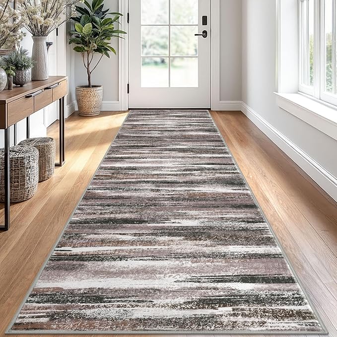 Lansny Modern Abstract Runner Rug 2.6x10, Dark Light Brown White Washable Long by lansny