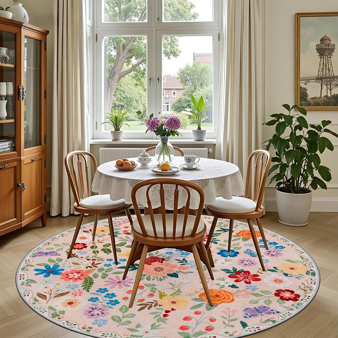 Round Area Rug for Living Room: 4 ft Floral Washable Circle Rug Soft Boho - Image 4