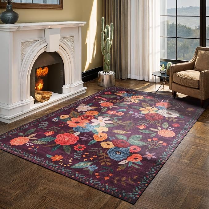 Floral Washable 6x9 Area Rugs, Soft Bedroom Rug by WelcometoBabovid