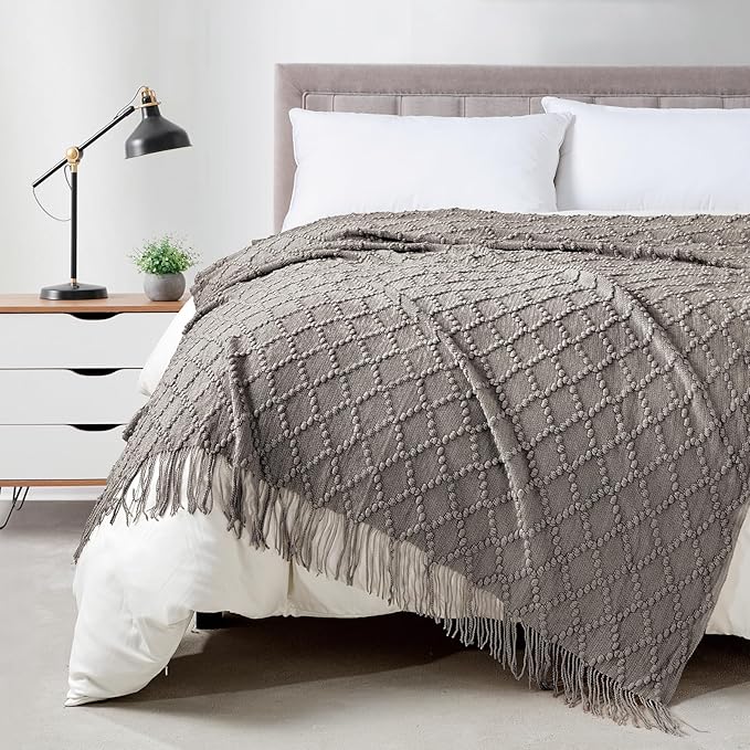 BOURINA Dark Grey Throw Blanket 50 x70 Inches Jacquard Argyle Throw Textured by BOURINA