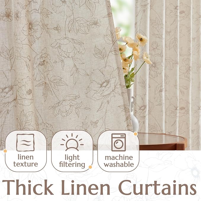 jinchan Floral Linen Curtains for Living Room 63 Inch Length Taupe Flower - Image 3