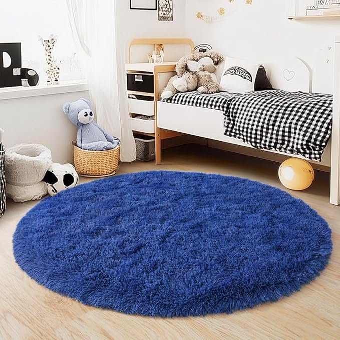5'x5' Blue Round Rug for Bedroom, Ultra Soft Fluffy Circle Rug for Kids Girls - Image 2