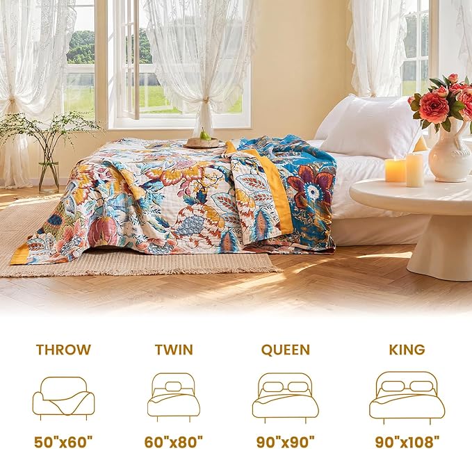 MSGKV Boho Throw Blanket 90"x90" Floral Cotton Blanket - Image 5