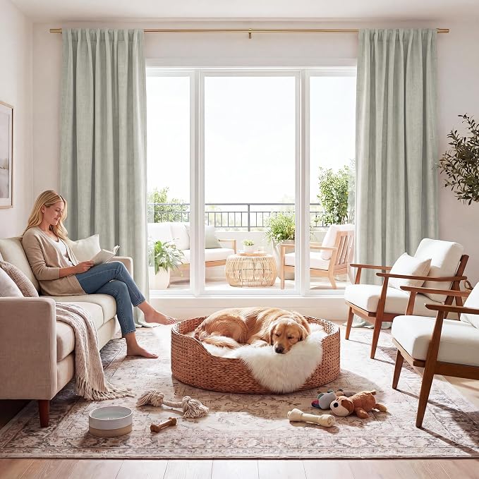 RYB HOME 100% Blackout Cream Curtains, Linen Texture Thermal Insulated Drapes by RYBHOME