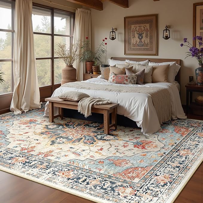 Area Rugs 10'x12' Washable Non-Slip, Floral Vintage Distress Print Pattern - Image 2
