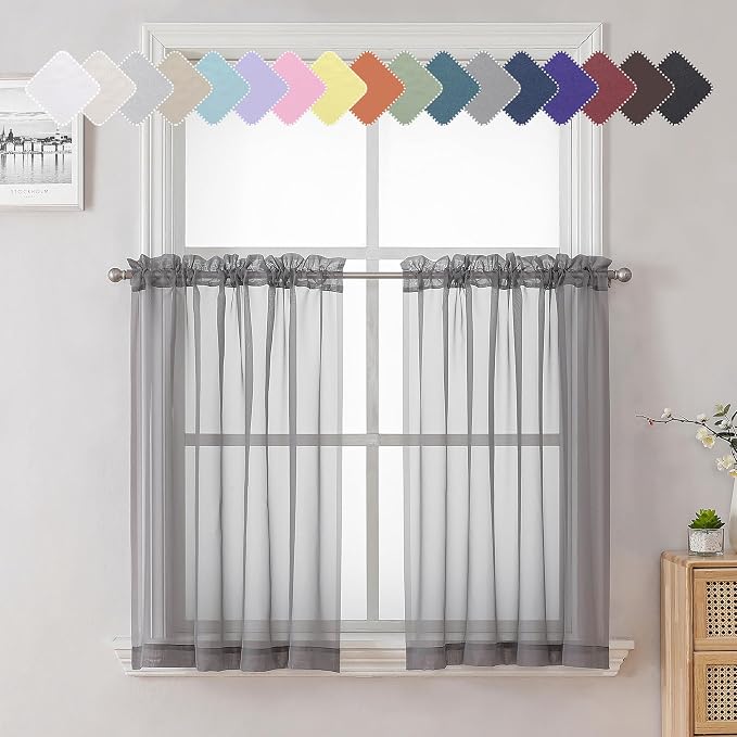 Lecloud Charcoal Grey Sheer Kitchen Curtains 36 Inch Length 2 Pcs, Sheer Voile by Lecloud