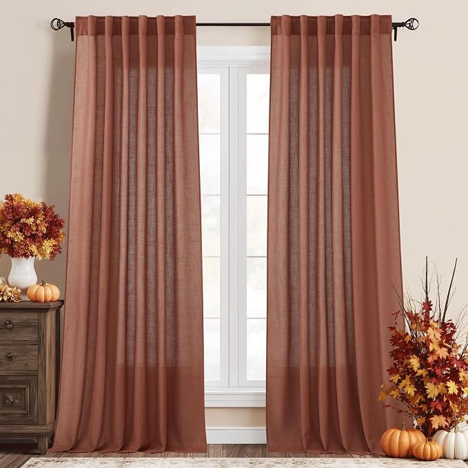 RYB HOME Terracotta Curtains Linen Blend Drapes, Semi Sheer Light Filtering by RYBHOME