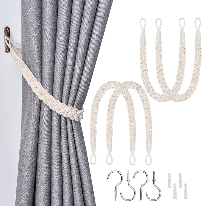 NICEEC 4 Pack Natural Cotton Rope Curtain Tiebacks Elegant Boho Style by NICEEC