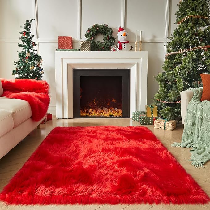 AMTOVO Faux Fur Sheepskin Rug for Living Room, 4 x 6 ft Red Fluffy Area Rug for - Image 2