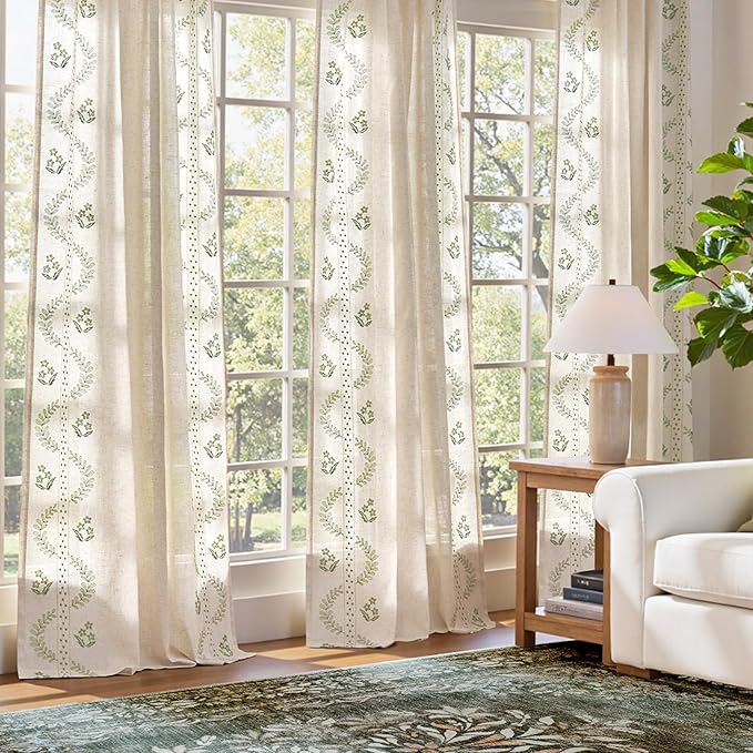 jinchan Belrose Linen Curtains for Bedroom Floral Curtains 90 Inch Length Linen - Image 3