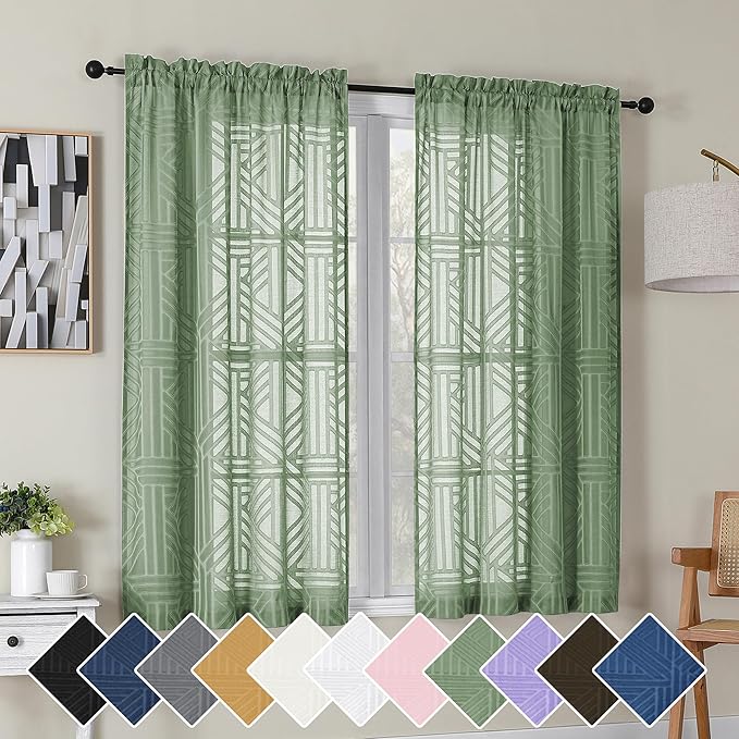 Simplebrand Sage Green Semi Sheer Curtains 45 Inch Length 2 Panels, Geometric by Simplebrand