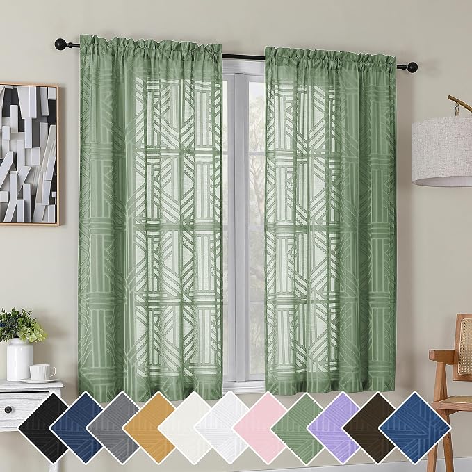 Simplebrand Sage Green Semi Sheer Curtains 54 Inch Length 2 Panels, Geometric by Simplebrand