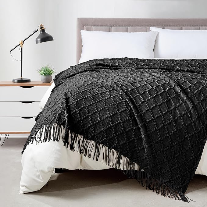 BOURINA Black Throw Blanket 50 x70 Inches Jacquard Argyle Throw Textured Solid by BOURINA