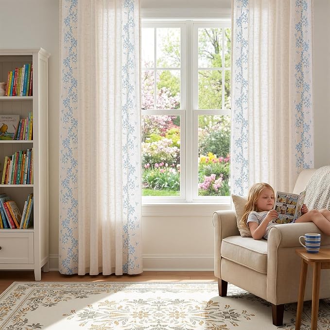 jinchan Evelyn Embroidered Linen Curtains 84 inch Long 2 Panels Blue Curtains - Image 7