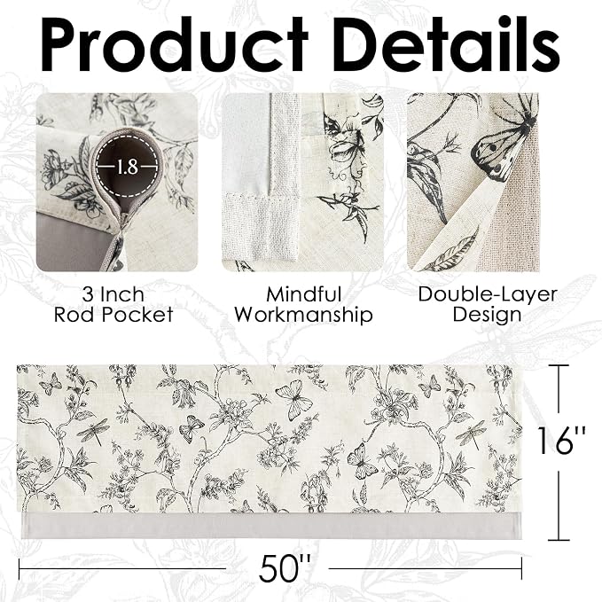 jinchan Floral Curtain Valance for Windows 16 Inch Linen Valance for Kitchen - Image 7