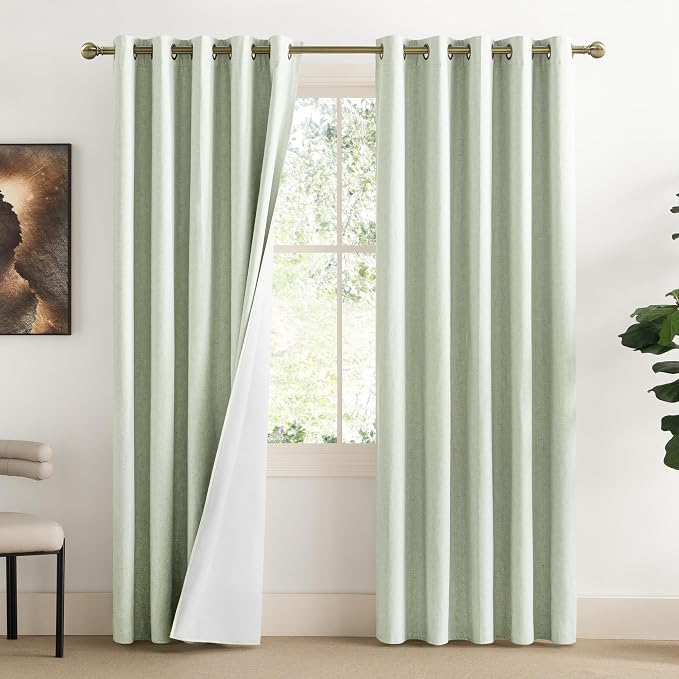 NICETOWN Sage Green High-End Thermal Flax Linen Curtains, Full Blackout Privacy by NICETOWN