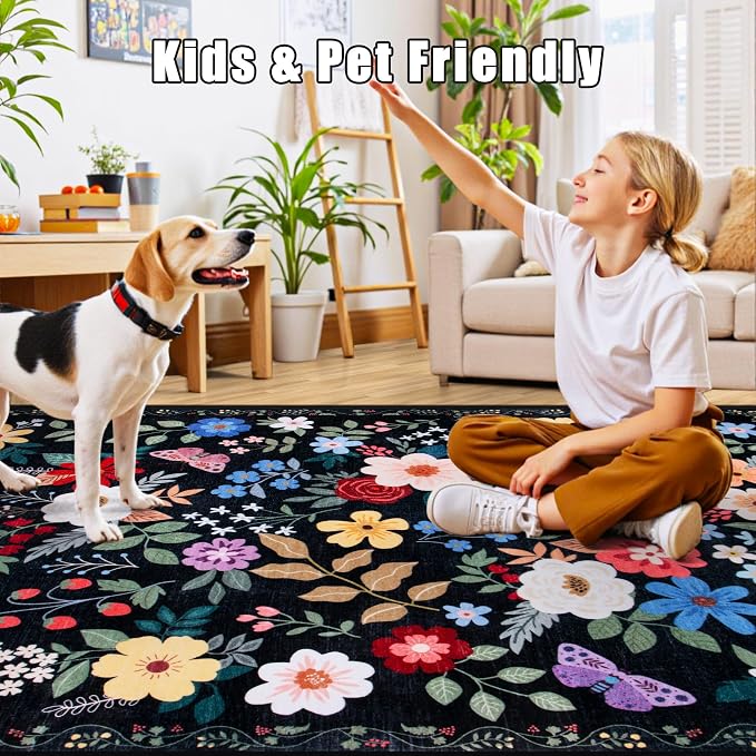 Area Rug Living Room Rugs: Floral 5x7 Washable Rug Vintage Soft Boho Non-Slip - Image 8