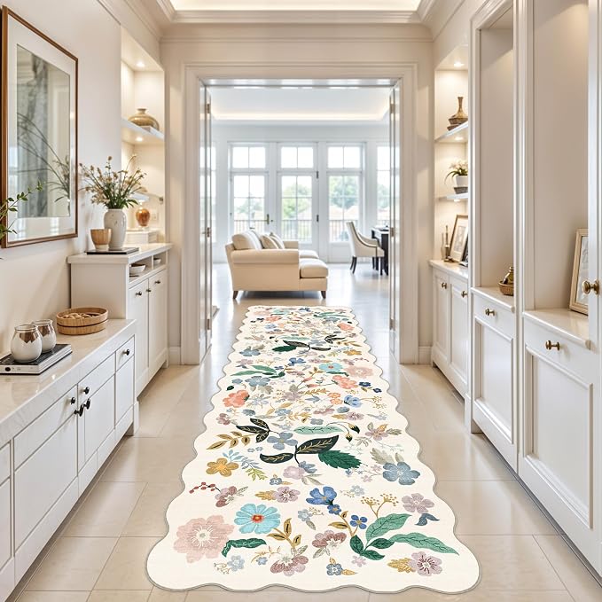 Washable 4x12 Wide Area Rug: Hallway Soft Floral Scalloped Carpet Water - Image 2