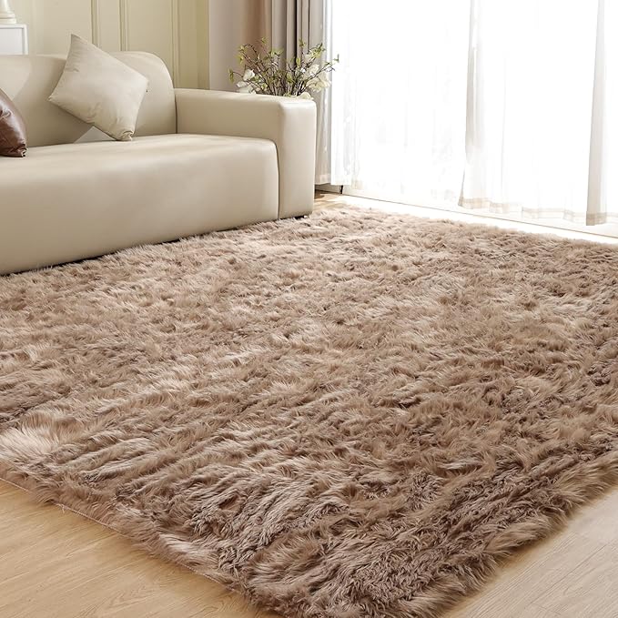 ORINOVA Fluffy Beige 8X10 Area Rug Faux Sheepskin Shaggy Fur Rug Washable by ORINOVA