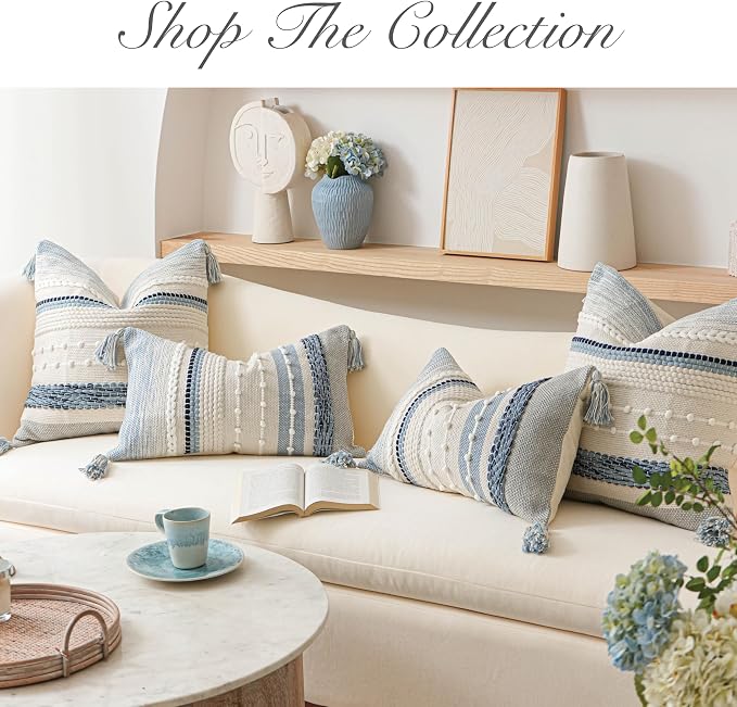 Decorative Lumbar Throw Pillow Cover 14x24 Boho Coastal Blue Accent Cushion - Image 6