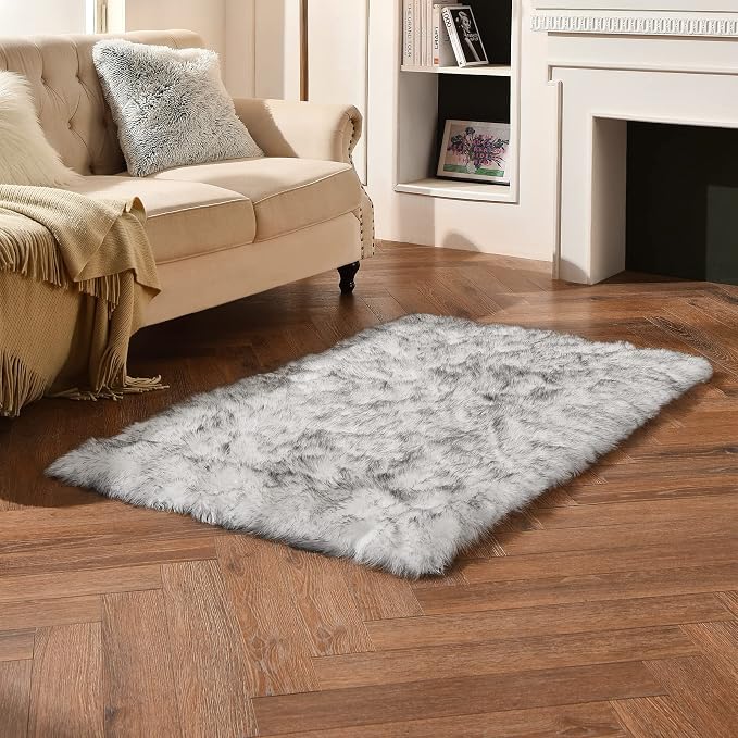 duduta White Black Faux Sheepskin Fur Rug 3x5 ft, Fluffy Shag Bedroom Dorm - Image 6