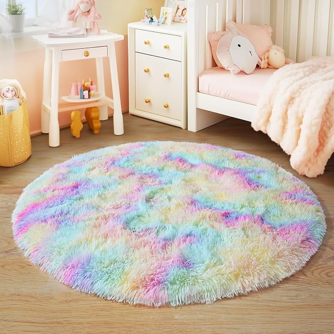 3'x3' Rainbow Round Rugs for Girls Bedroom, Ultra Soft Fluffy Circle Rug for - Image 6