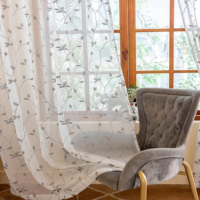 AmHoo 2 Panels Embroidered Leaf Pattern Semi Sheer Curtains Foliage Floral by AmHootextile