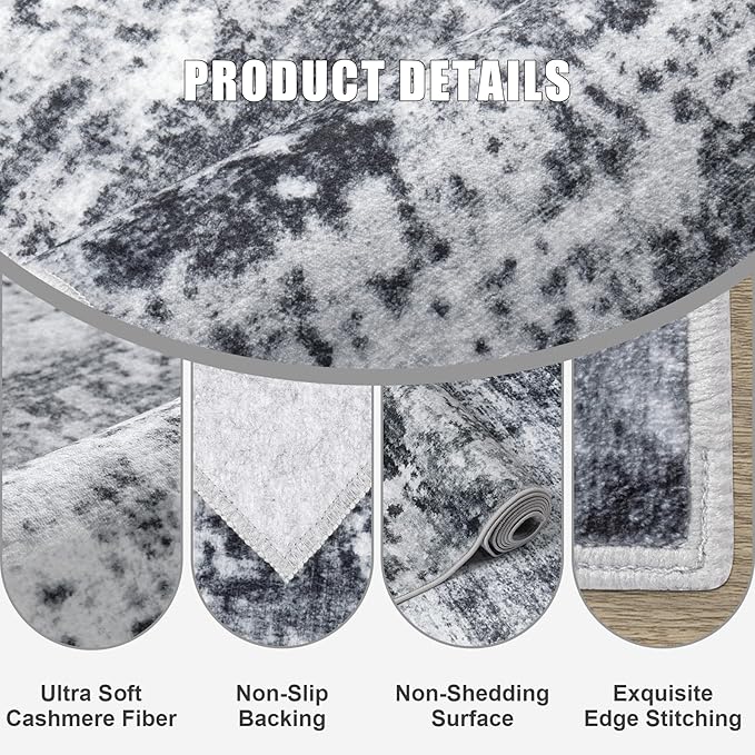 5x8 Area Rug Living Room: Modern Washable Soft Carpet Dark Black | - Image 4