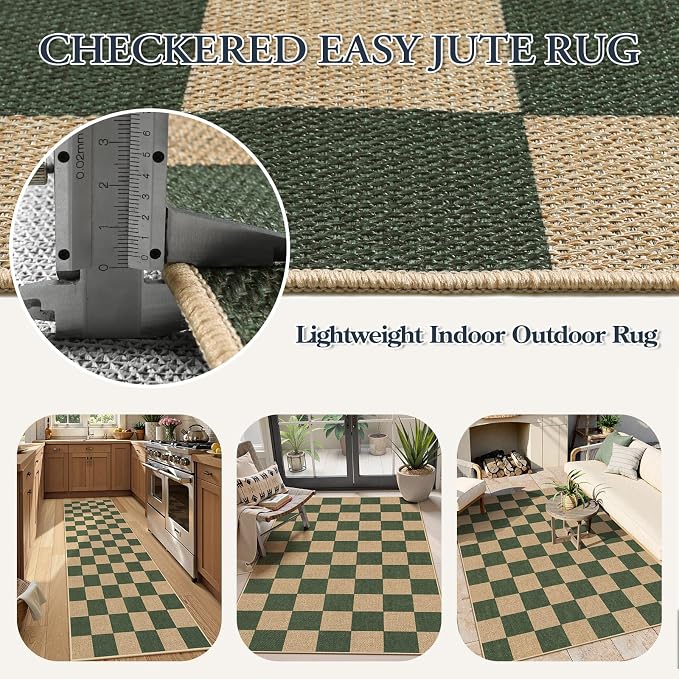 Lahome Colette Checkered Outdoor Runner Rug, 2x8 Green Kitchen Runner Rugs - Image 5
