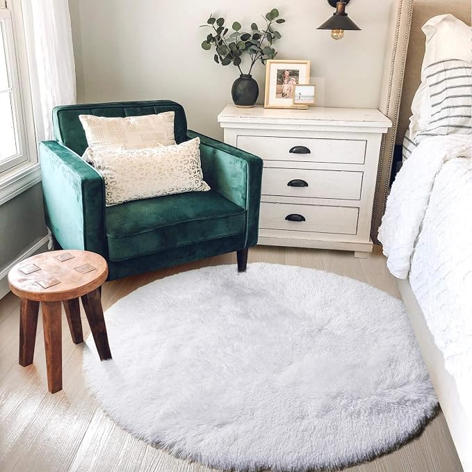 Amdrebio White Fluffy Round Rug 4Ft - Image 8
