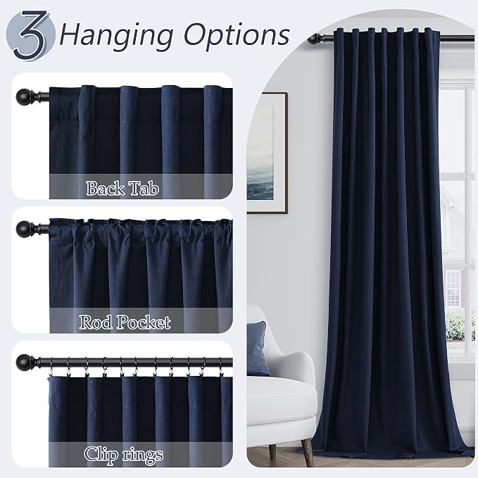 Guken Navy Blue 100% Blackout Linen Curtains 63 Inch Length 2 Panels Set - Image 6