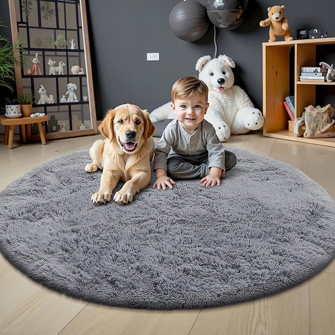 OLANLY Light Grey Round Rugs for Bedroom - Image 2