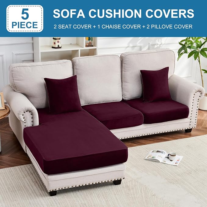 Couch Cover 3-Piece Elastic Velvet Couch Cushion Covers & Chaise Slipcovers - Image 3