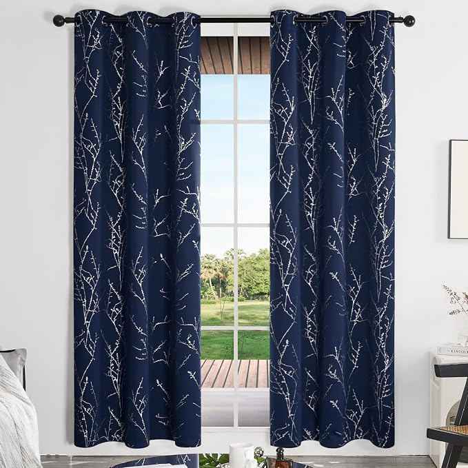 Deconovo Blackout Curtains, Thermal Insulated Soundproof Drapes, Branch Silver - Image 2